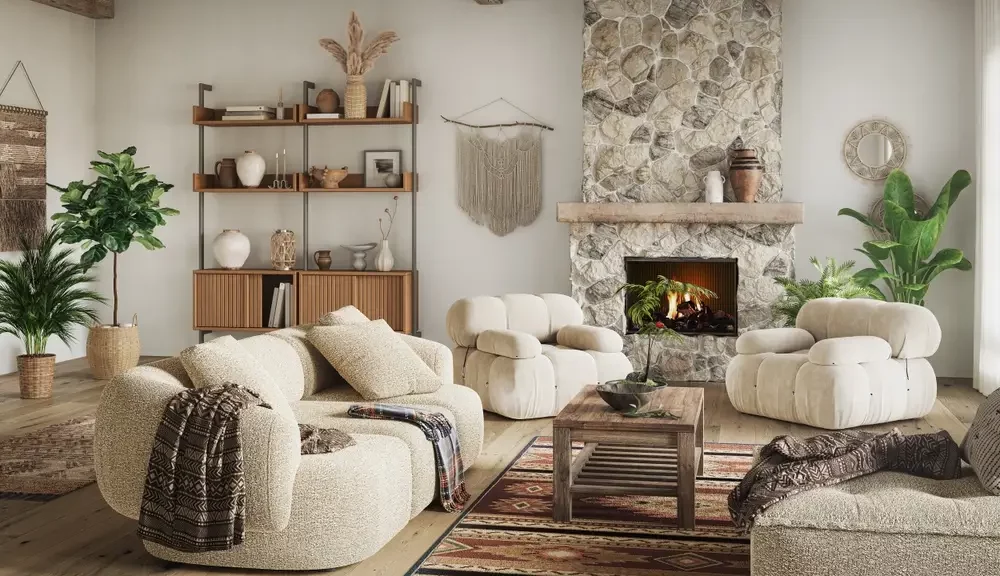 Intérieur moderne de salon bohème avec une cheminée en pierre naturelle, canapé boucle incurvé, tentures murales en macramé, et unité de rayonnage en bois, rendu 3d.